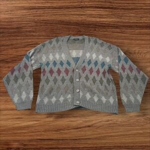VTG‎ Vancort XL Sweater Cardigan Gray Diamond Pattern Button Front Knit Menswear